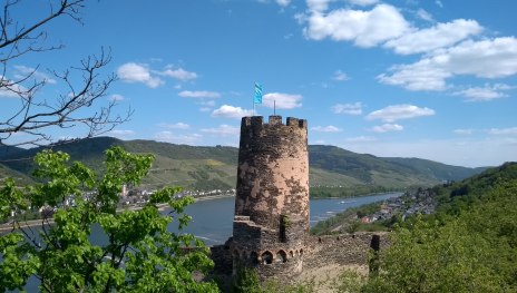 Im Fokus der Turm der Ruine Fürstenberg. Im Hintergrund der Rhein, die andere Rheinseite und ein blauer Himmel mit Schönwetter-Wolken | © Elke Bender