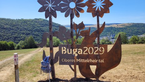 Im Fokus steht die aus Cortenstahl gefertigt Buga-Blume, die zunächst als Logo für die Buga 2029 galt. Im Hintergrund hügelige Landschaft und ein blauer Himmel | © Elke Bender
