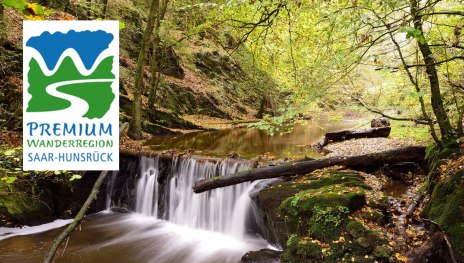 Bachlauf des Baybachs mit kleinem Wasserfall mit dem Logo Premium Wanderregion Saar-Hunsr&uuml;ck | &copy; TI Hunsr&uuml;ck-Mittelrhein
